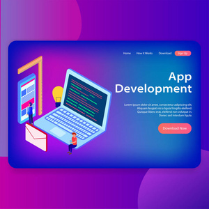 响应式网页设计 3D等距插图中的笔记本电脑与浏览器窗口